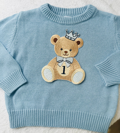 Pale blue teddy or hot air balloon jumper knit