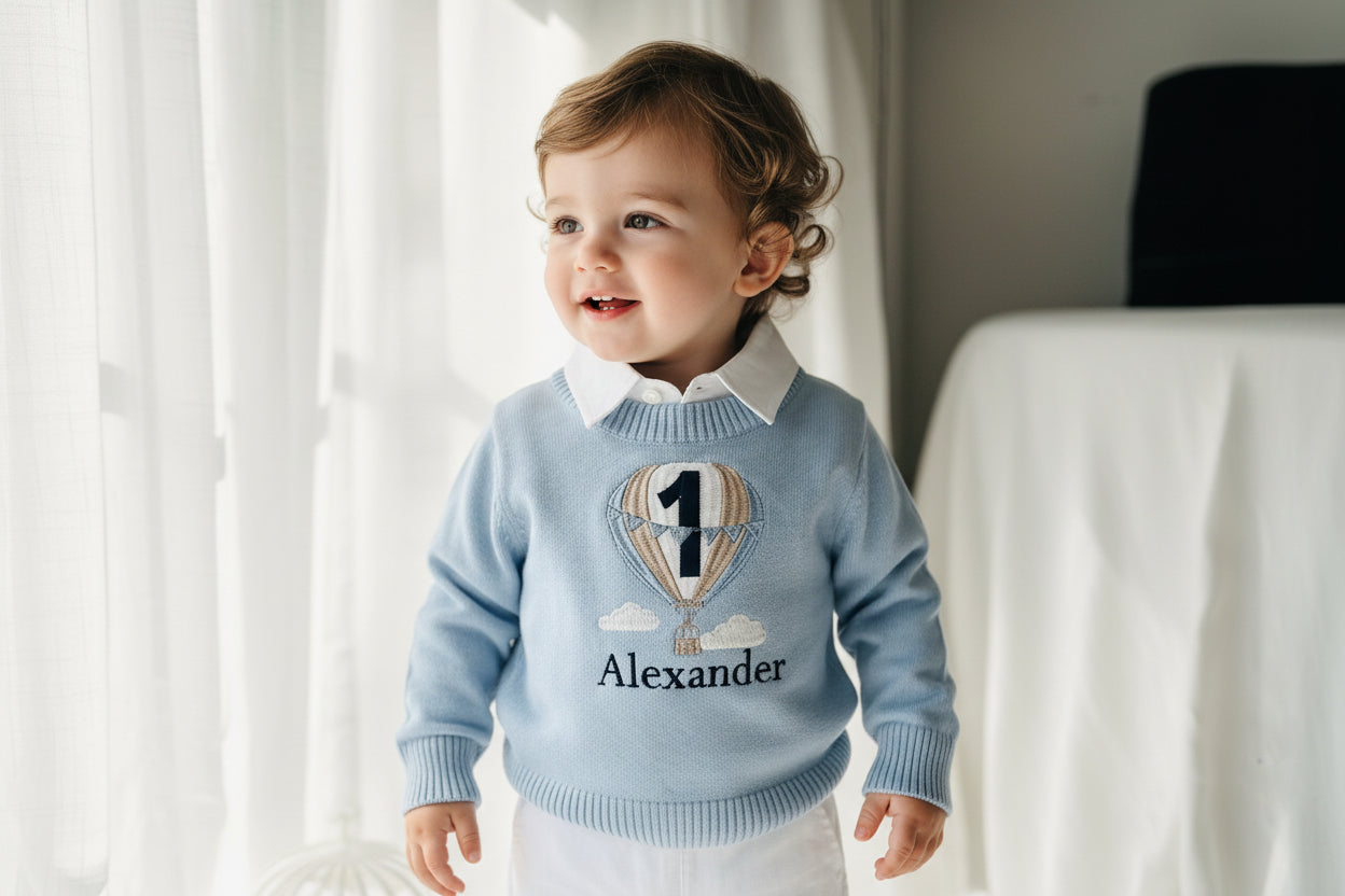 Baby blue cotton sweater with optional embroidery