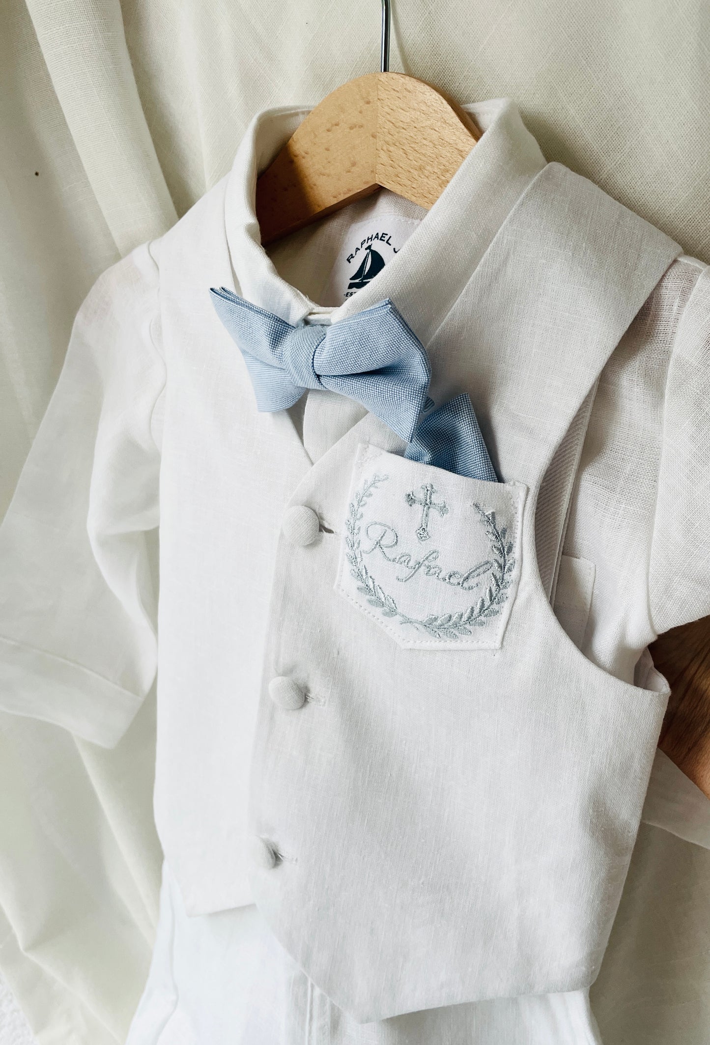 White linen vest and navy shorts summer set