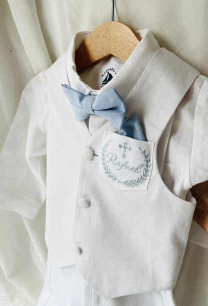 White linen vest and navy shorts summer set