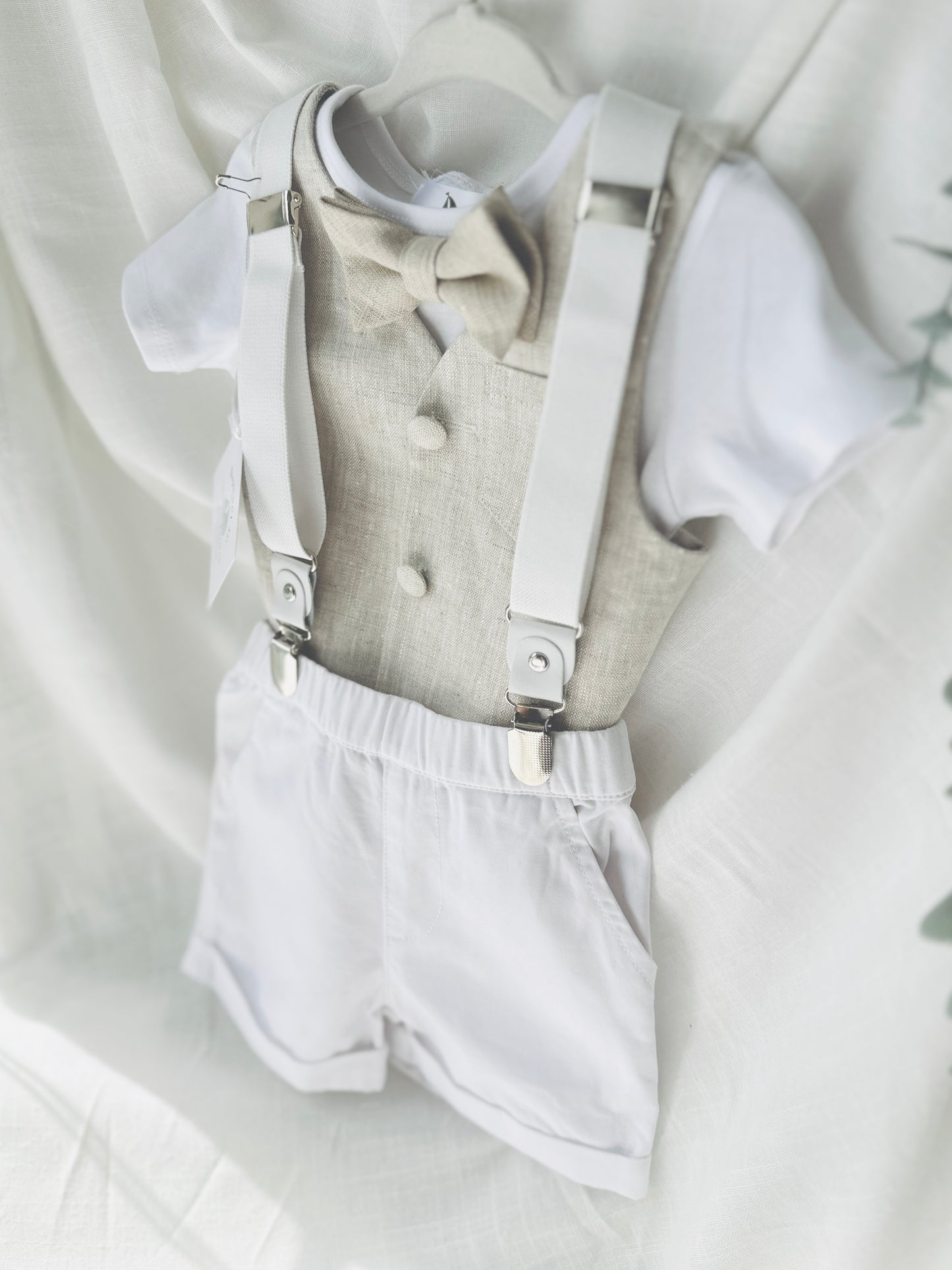Boys white and beige cotton Baptism wedding set with vest onesie, shorts, suspenders and bow tie