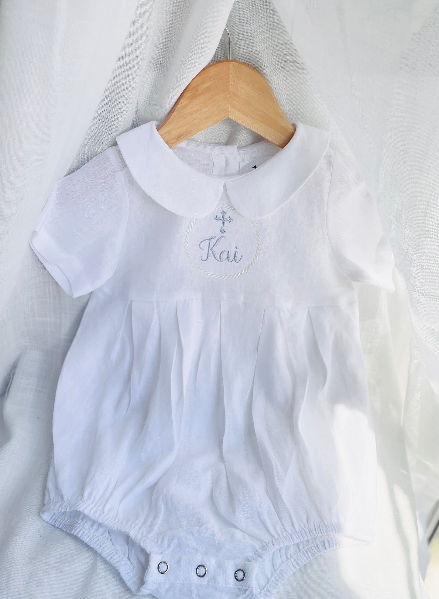 Linen Baptism peter pan collar romper outfit with optional embroidery customisation