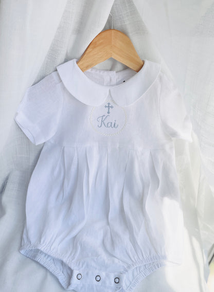Linen Baptism peter pan collar bubble romper with optional embroidery customisation
