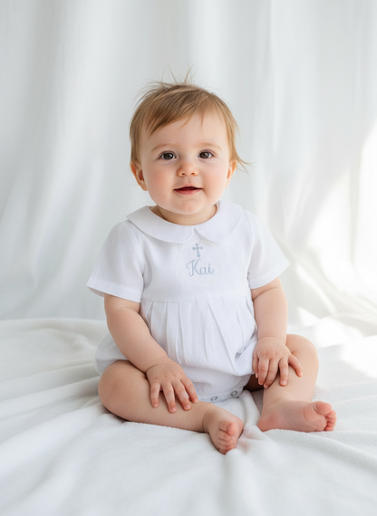 White Linen Unisex Baptism Gown romper with detachable skirt dress and optional embroidery