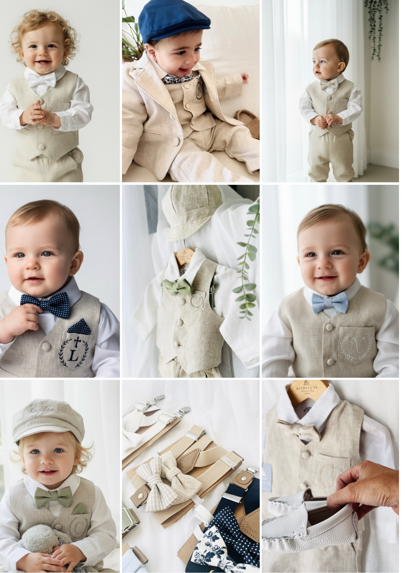 Beige Linen vest suit, shirt, pants, suspenders and bowtie plus optional jacket, cap and shoes