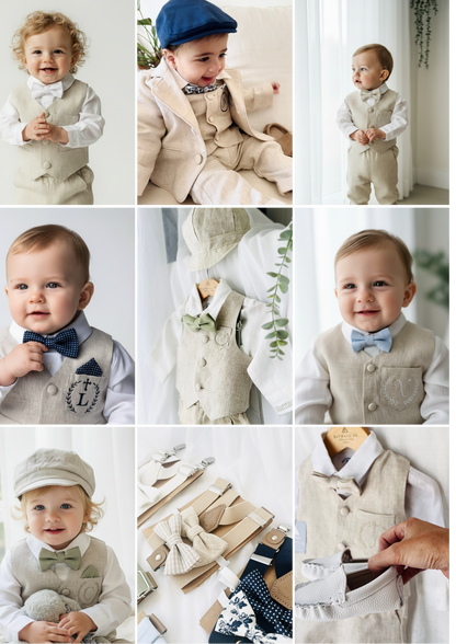 Beige Linen vest suit, shirt, pants, suspenders and bowtie plus optional jacket, cap and shoes