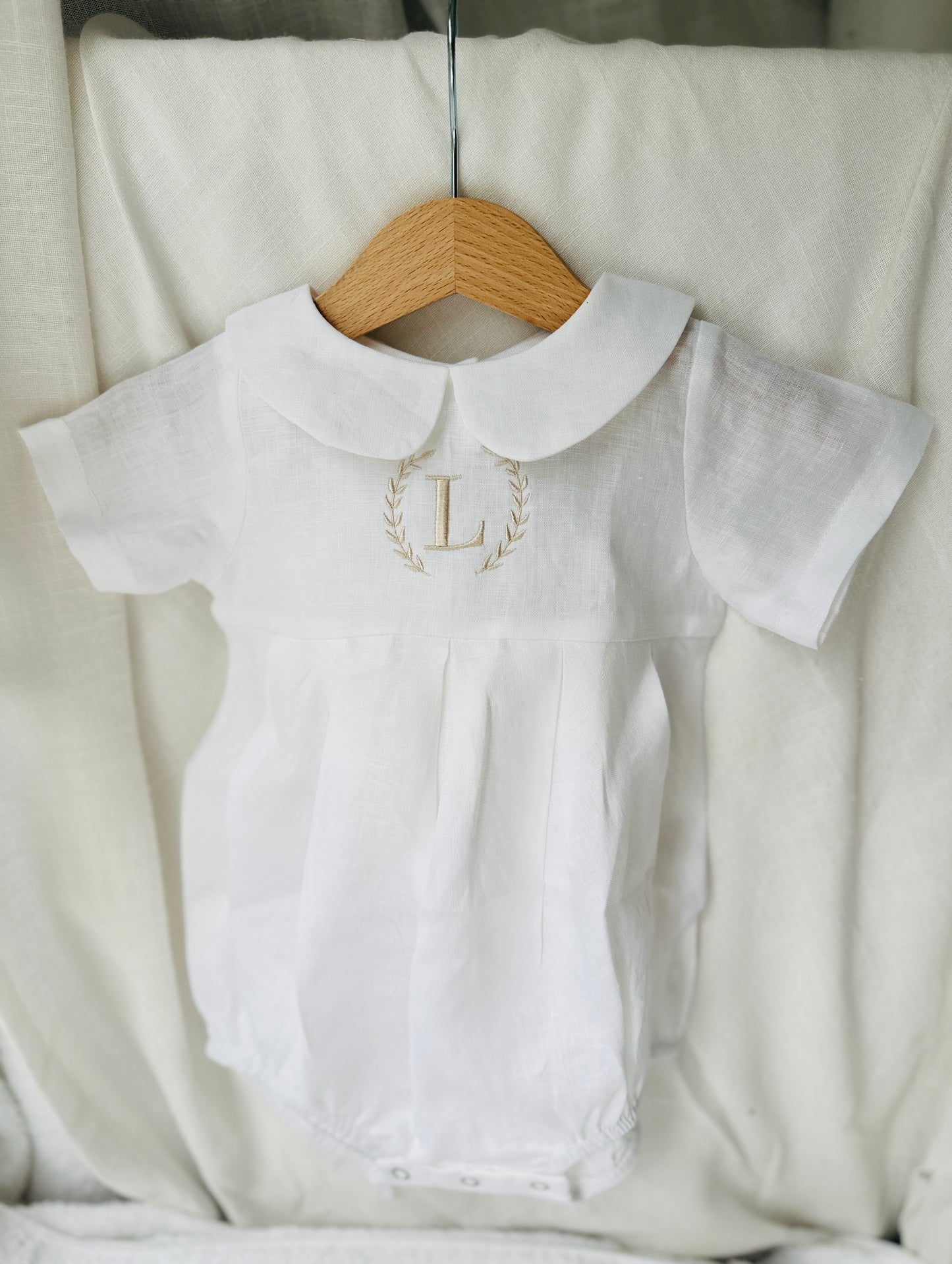 Linen Baptism peter pan collar bubble romper with optional embroidery customisation