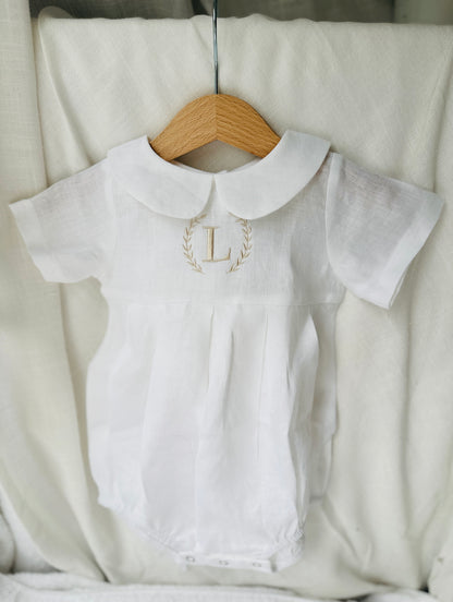Linen Baptism peter pan collar bubble romper with optional embroidery customisation