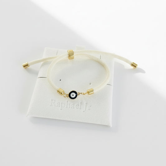 Evil eye bracelet white rope with gold clasps and optional charm