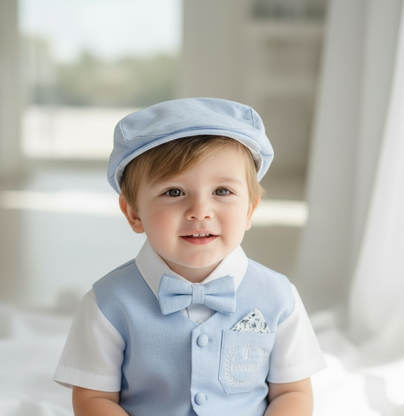Boys pale blue and white Baptism outfit with blue vest, white linen suspender pants and shirt