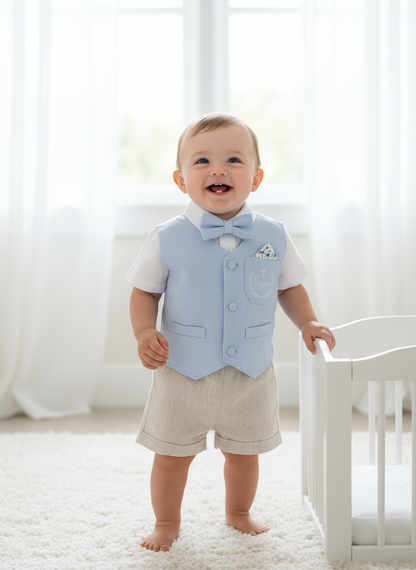 Pale blue and Beige linen summer set with blue vest, white shirt, beige shorts, suspenders and blue bow tie
