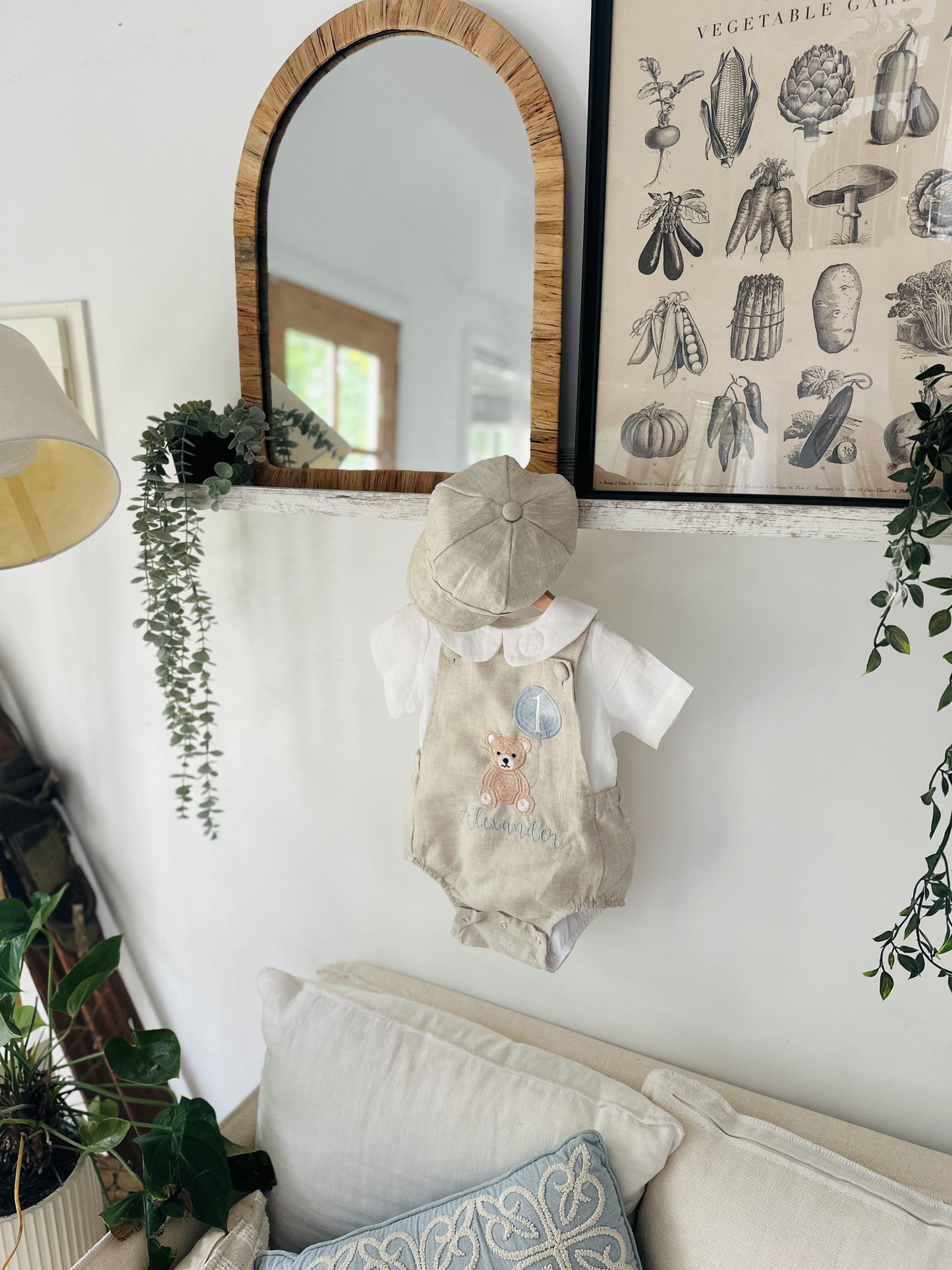 Beige and white linen Birthday and Baptism romper and blouse set