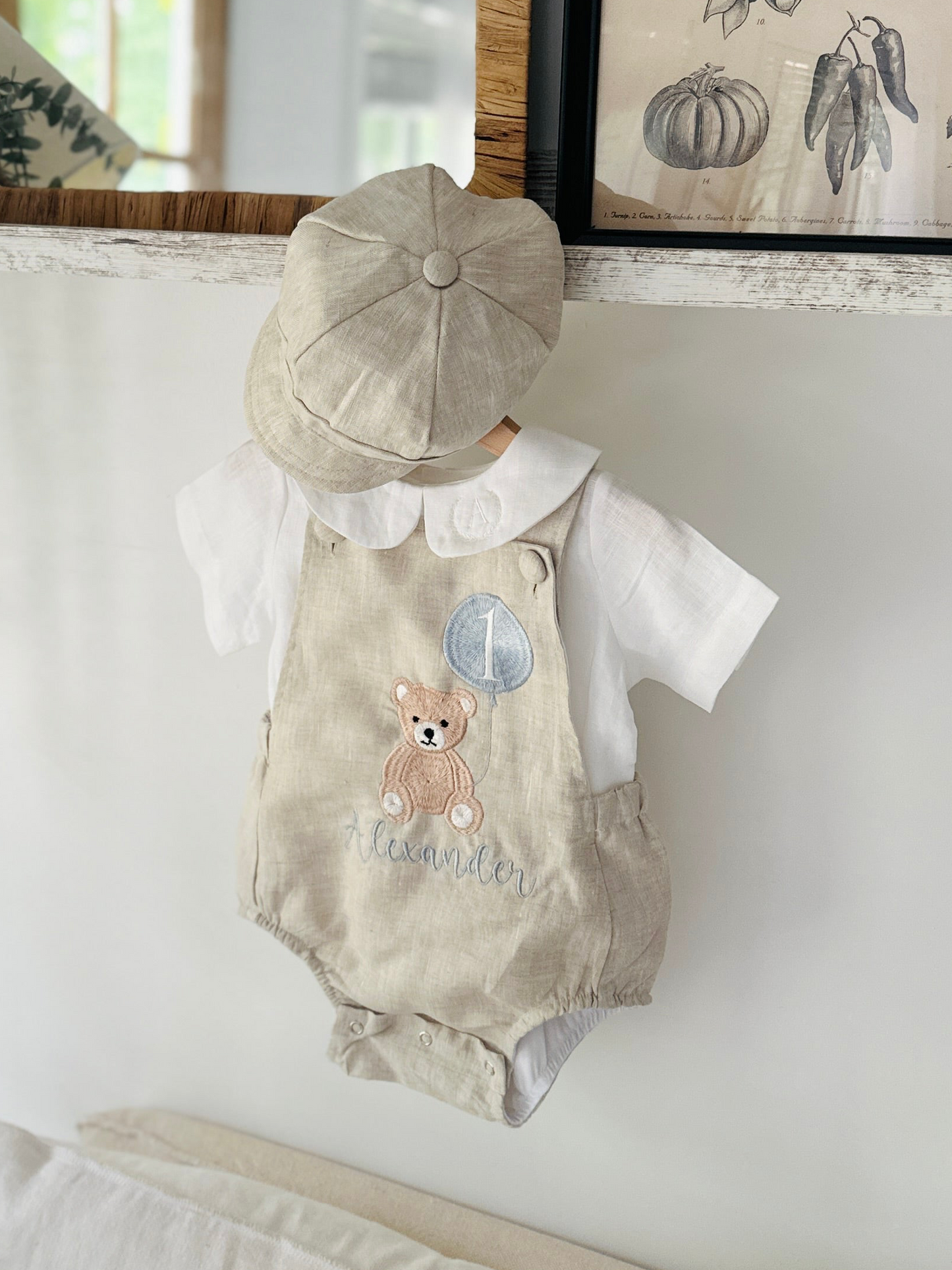 Beige and white linen Birthday and Baptism romper and blouse set