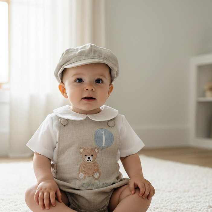 Beige and white linen Birthday and Baptism romper and blouse set