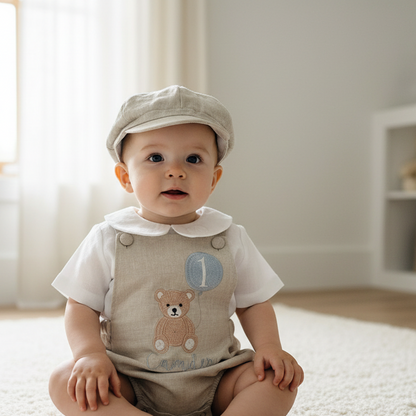 Beige and white linen Birthday teddy bear romper and blouse set