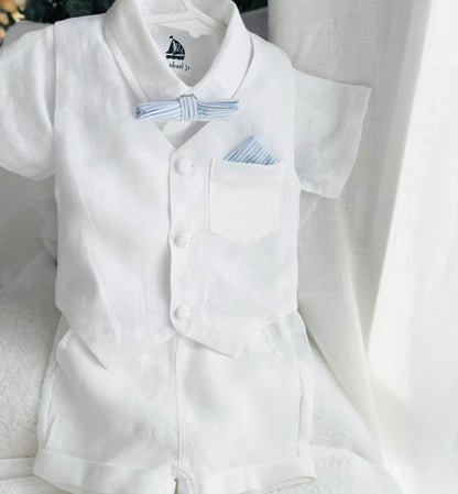 White linen Baptism vest set with shirt, suspender shorts, bowtie and optional embroidery cap and shoes