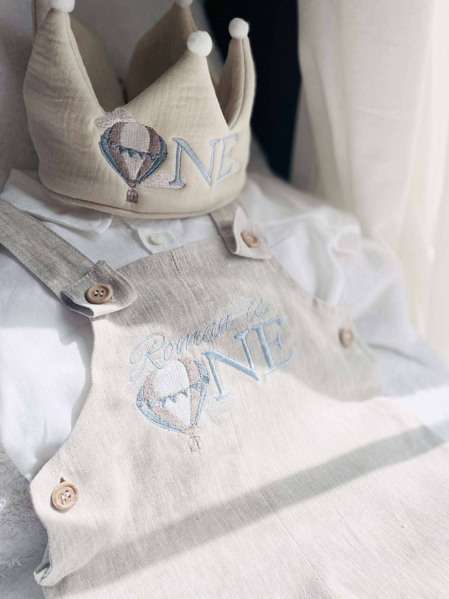 Beige or white Linen Birthday crown hat with embroidery