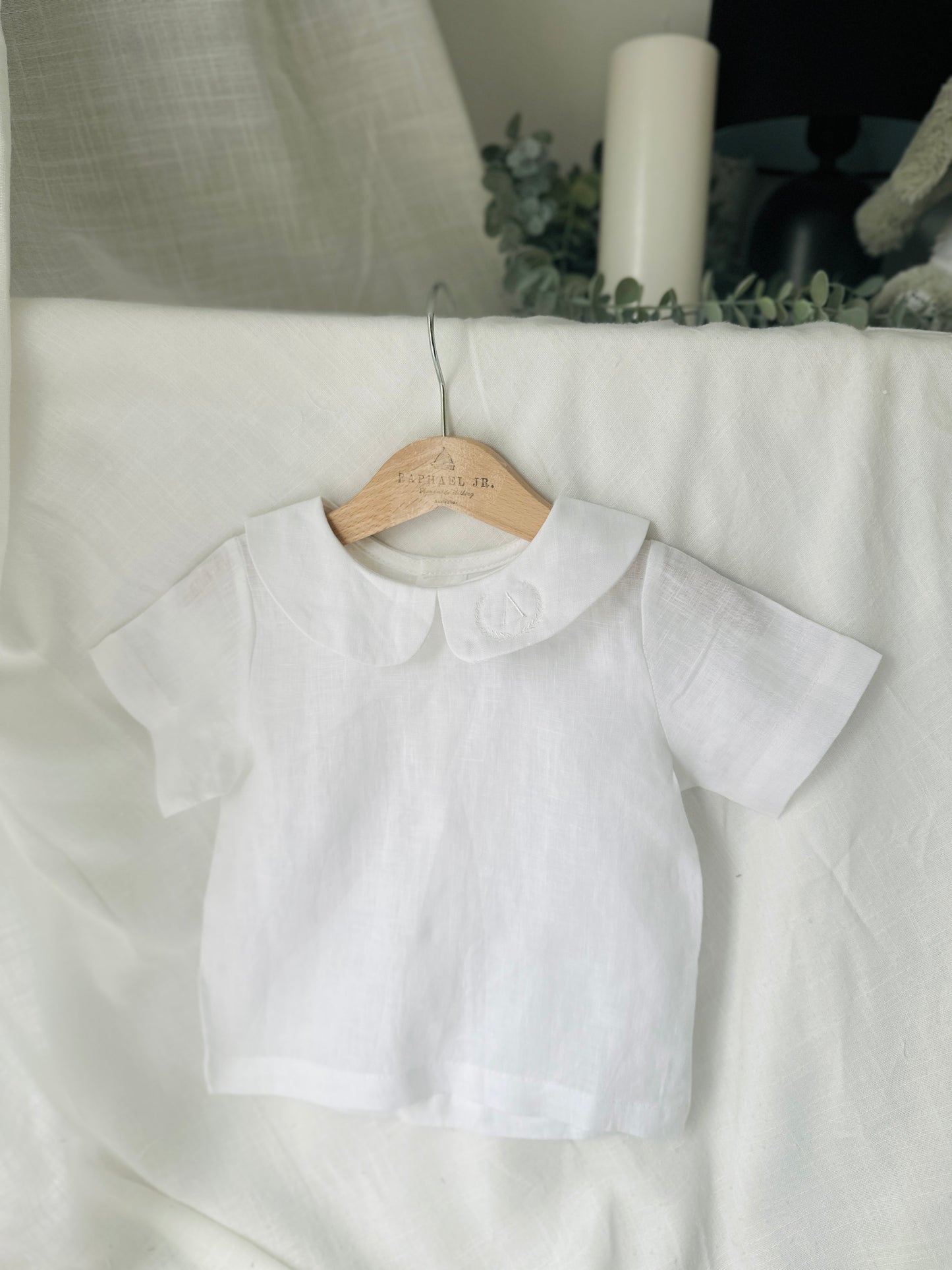 Boys white and grey linen baptism outfit with bloomers and blouse shirt