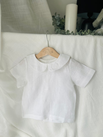 Boys white and grey linen baptism outfit with bloomers and blouse shirt