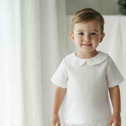 Baby and Toddler Boys white linen baptism outfit with bloomers and blouse shirt