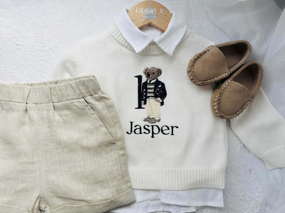 Polo Bear first birthday set with linen shirt, shorts and bear jumper