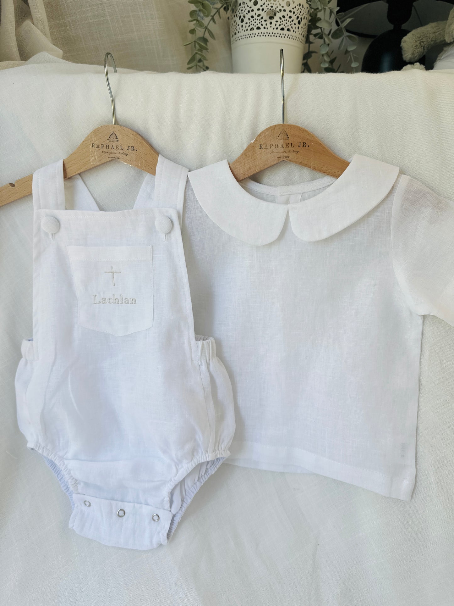 Baby white linen baptism romper overalls and blouse shirt set