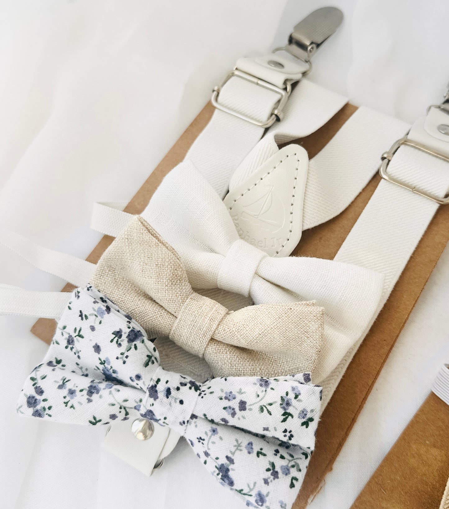 White linen Baptism suit set with pants, shirt, suspenders and bowtie plus optional jacket and extras