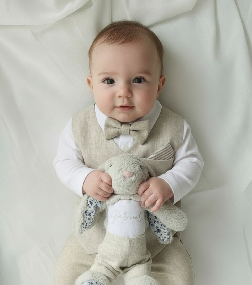 Beige Linen Outfit with vest, shirt, pants, suspenders and bowtie plus optional jacket, cap and shoes