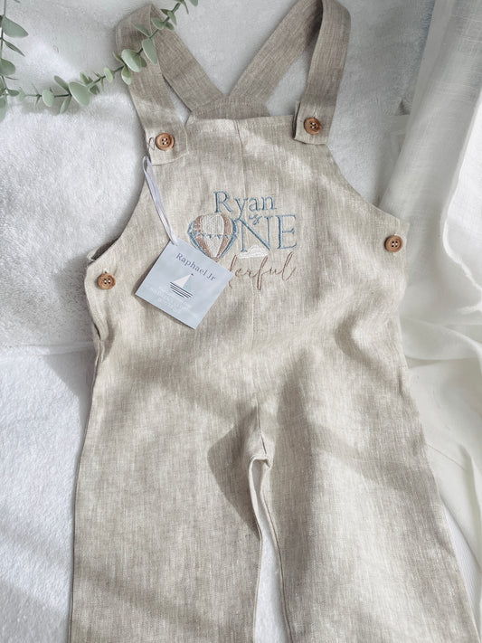 Boys Beige Linen Birthday overalls romper dungarees safari balloon wild sea themes
