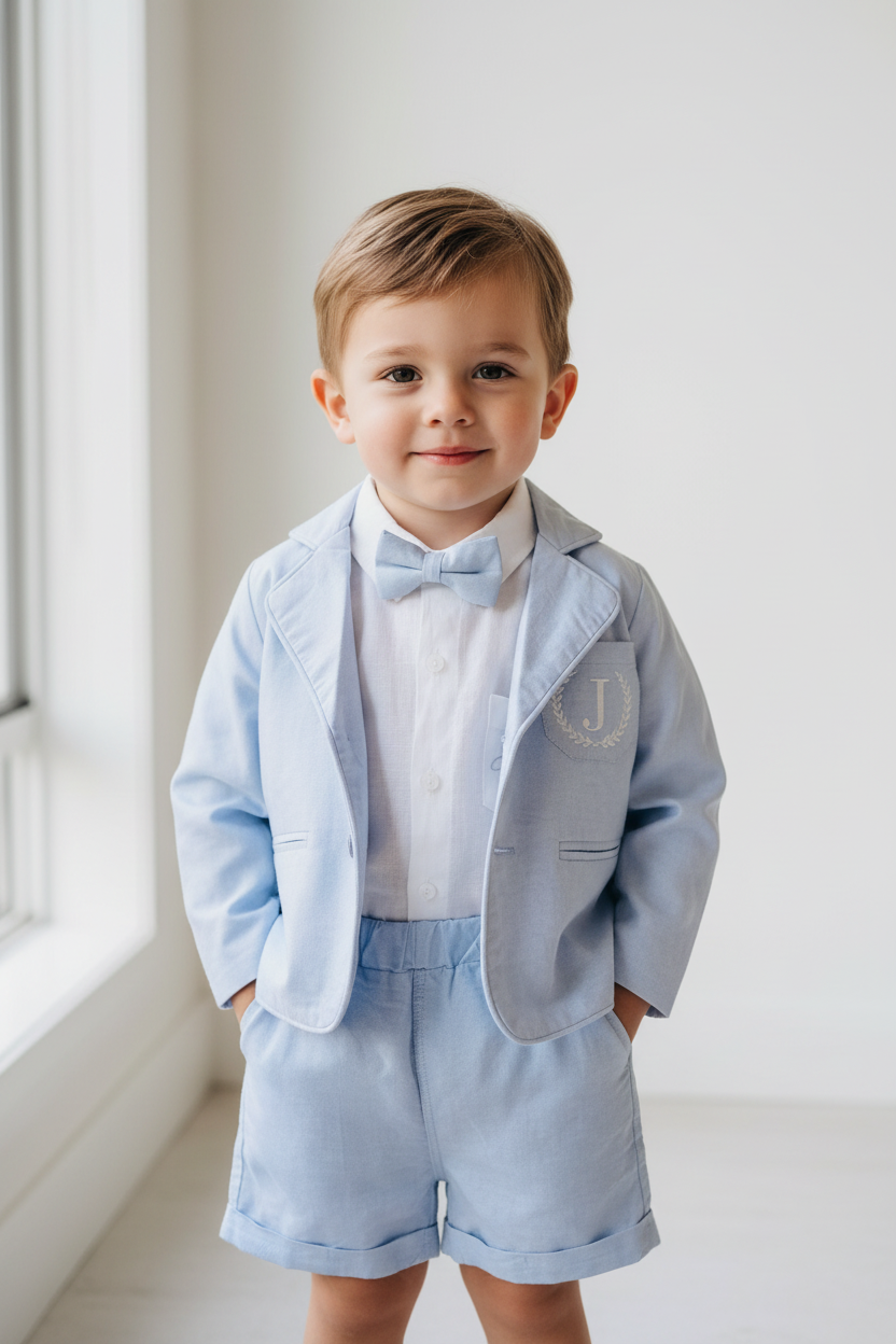 Pale blue summer vest set with blue vest, suspender shorts white shirt and blue blazer