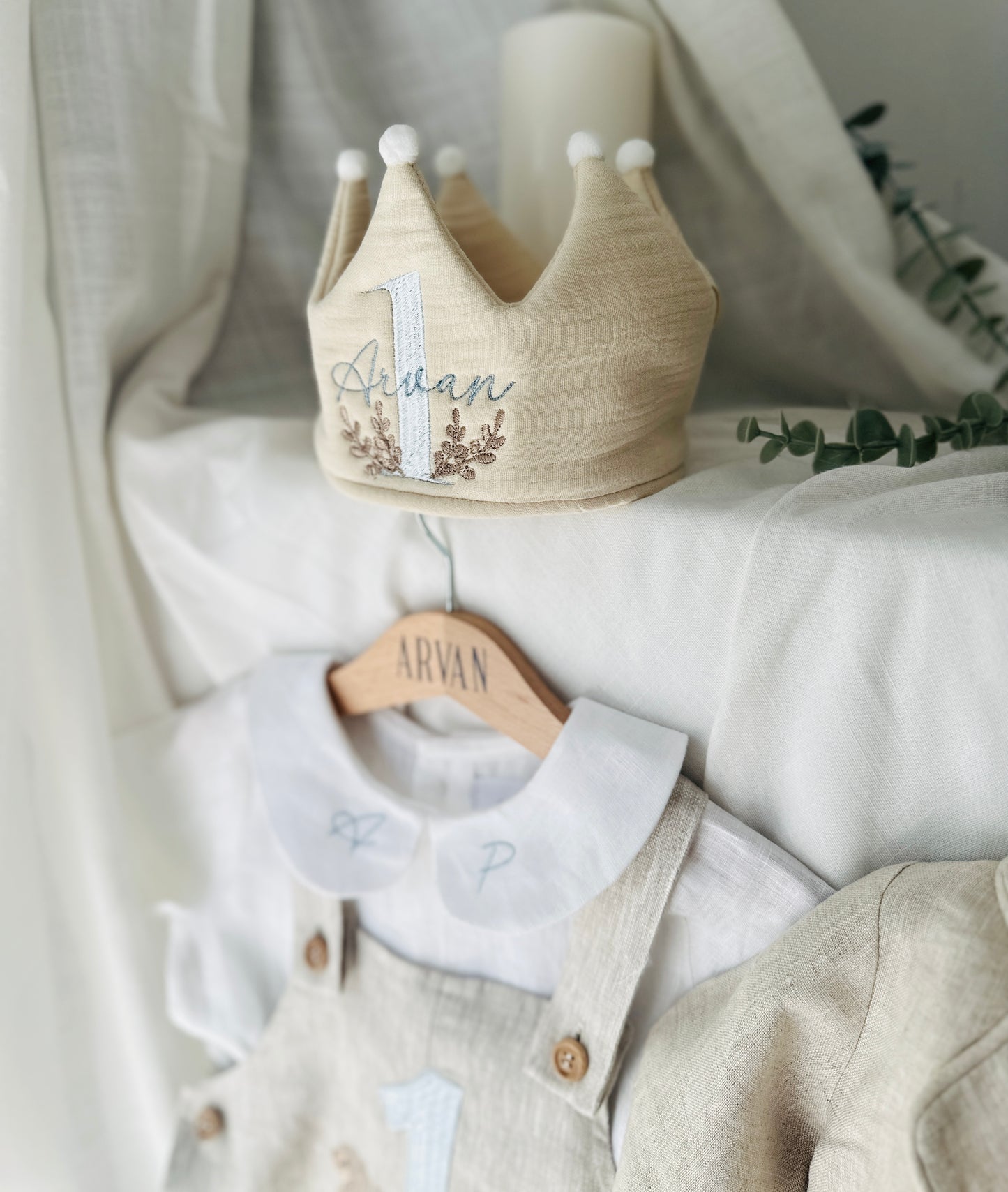 Beige or White First Birthday crown hat with embroidery