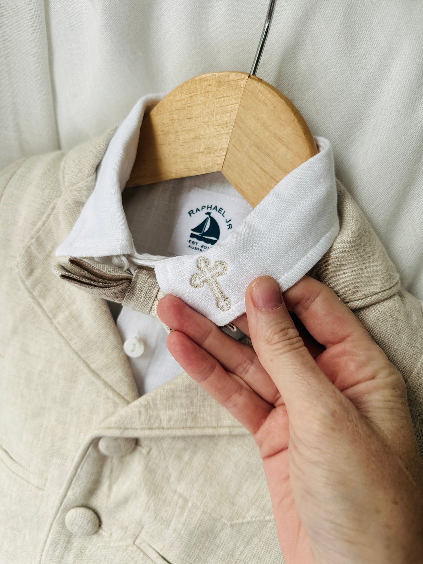 Beige Linen vest suit, shirt, pants, suspenders and bowtie plus optional jacket, cap and shoes