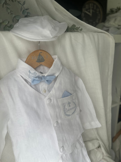 Baby and Toddler Boys white linen outfit with vest, shirt, pants, suspenders and bowtie plus optional blue blazer