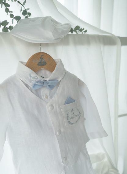 Baby and Toddler Boys white linen outfit with vest, shirt, pants, suspenders and bowtie plus optional blue blazer