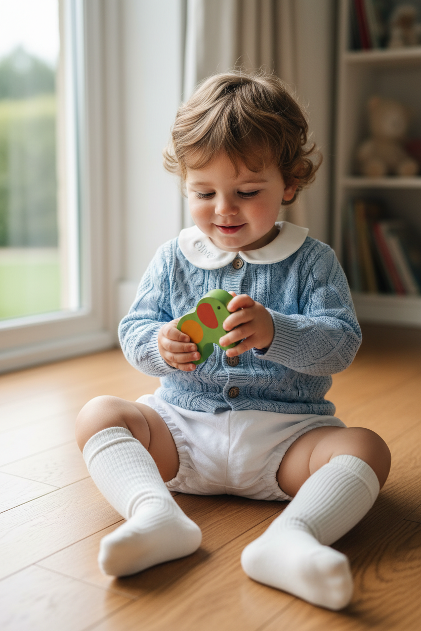 Baby outfit with blue cardigan, round collar bodysuit and white linen bloomers and long socks