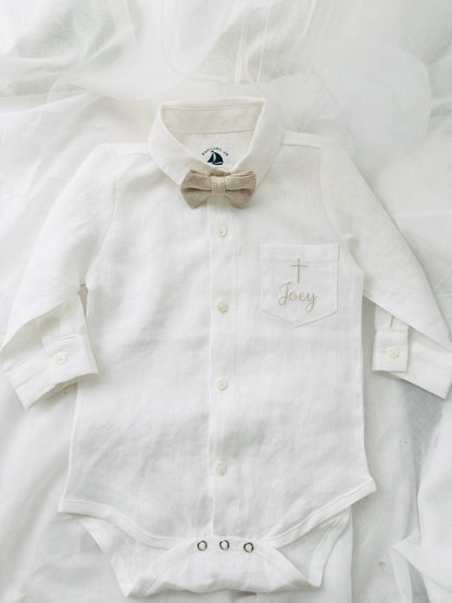 Boys white pure linen overalls suspender shorts with optional shirt and embroidery