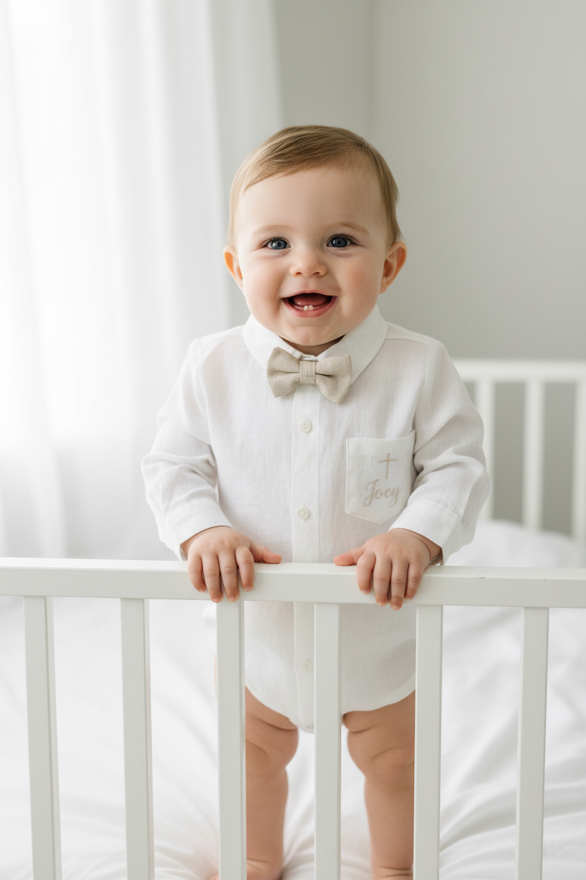 Beige linen pants and shirt set with bowtie and suspenders and optional personalisation