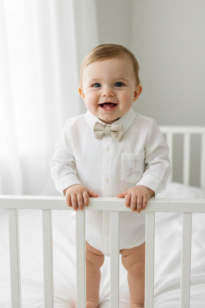 Beige linen pants and shirt set with bowtie and suspenders and optional personalisation