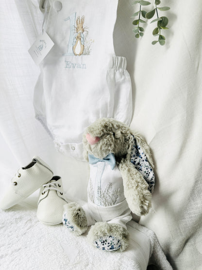 Boys Blue or white Birthday romper overalls Peter Rabbit
