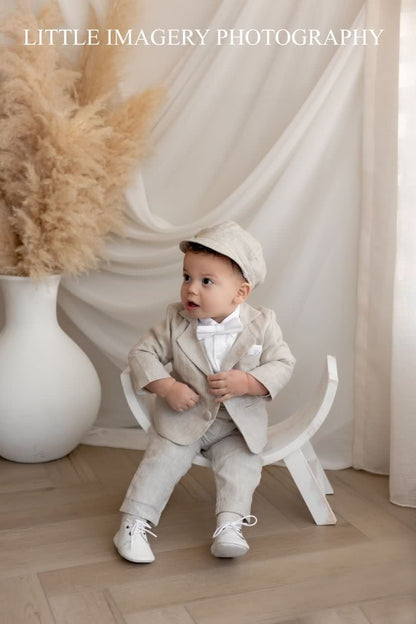 Beige linen pants and shirt set with bowtie and suspenders and optional personalisation