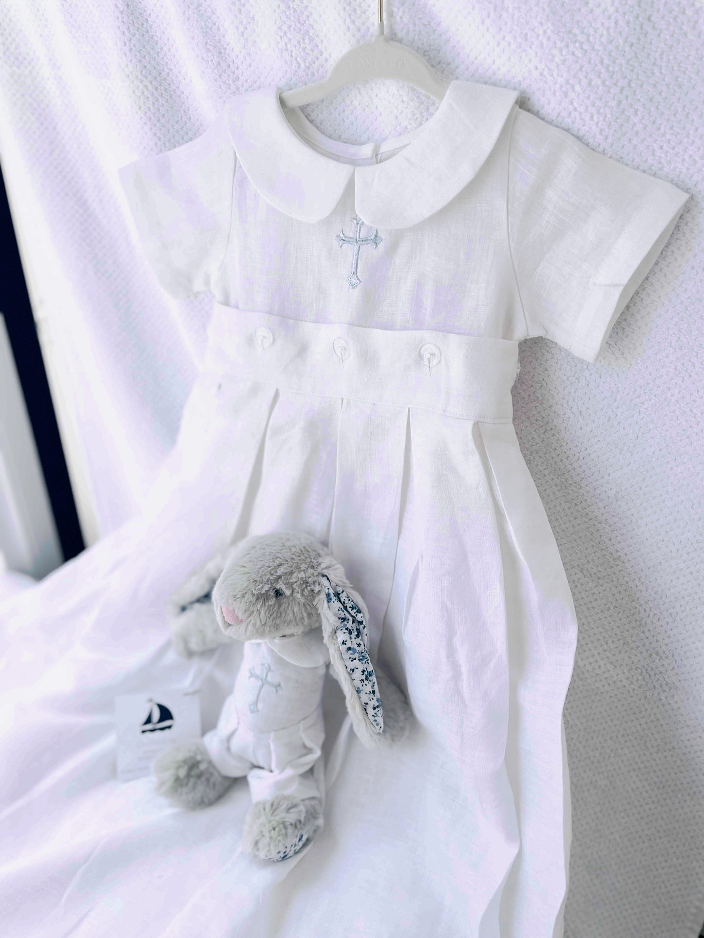 White Linen Baptism Gown romper with detachable skirt dress and optional embroidery