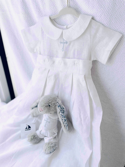 White Linen Unisex Baptism Gown 3/4 length romper with detachable skirt