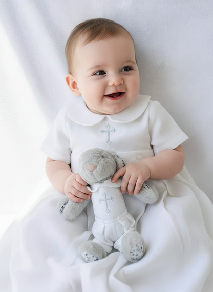 White Linen Unisex Baptism Gown 3/4 length romper with detachable skirt