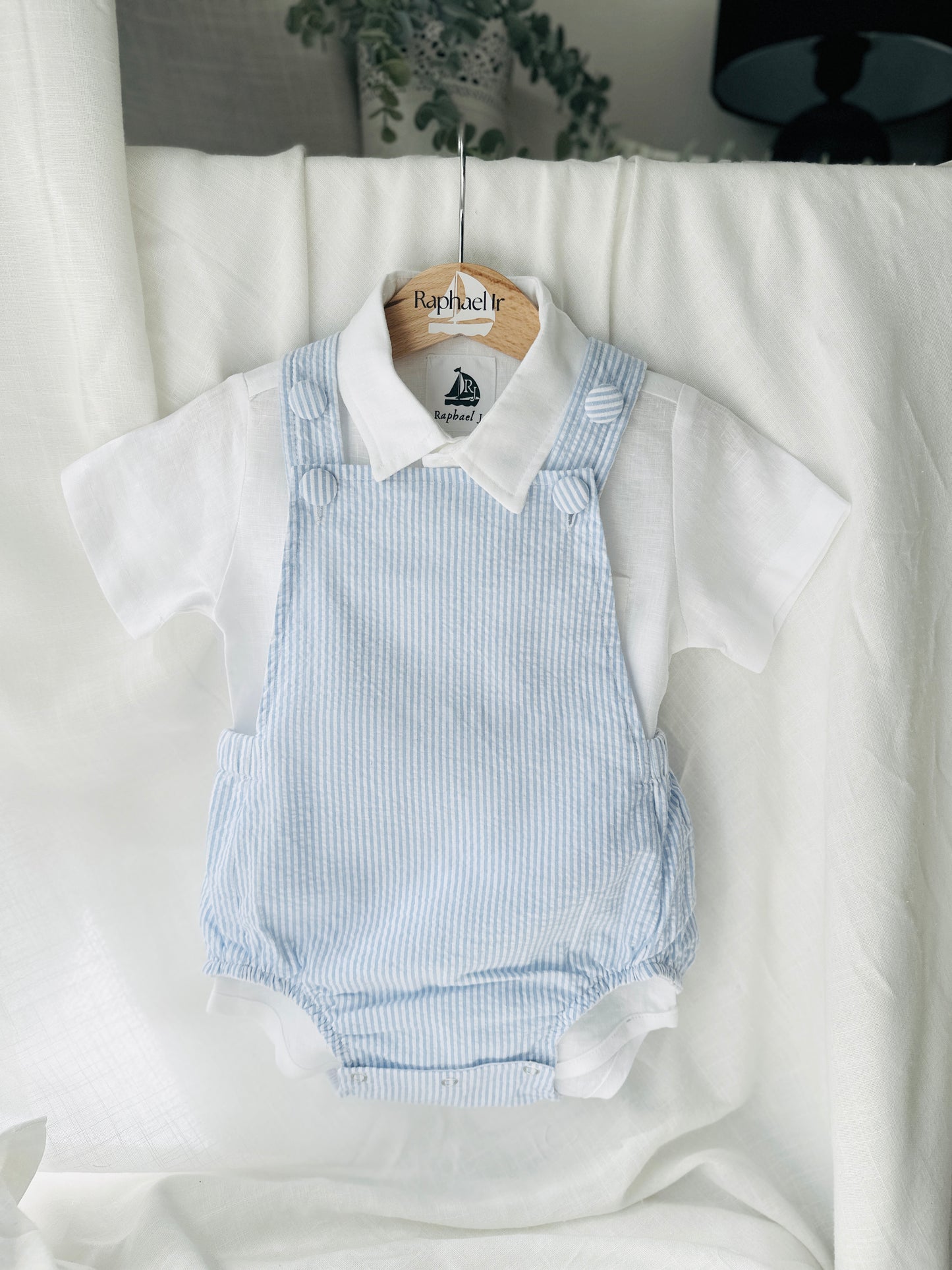 Baby and Toddler boys blue and white linen baptism and birthday romper and shirt set