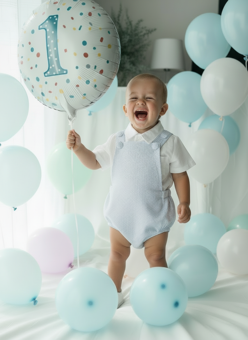 Baby and Toddler boys blue and white linen baptism and birthday romper and shirt set