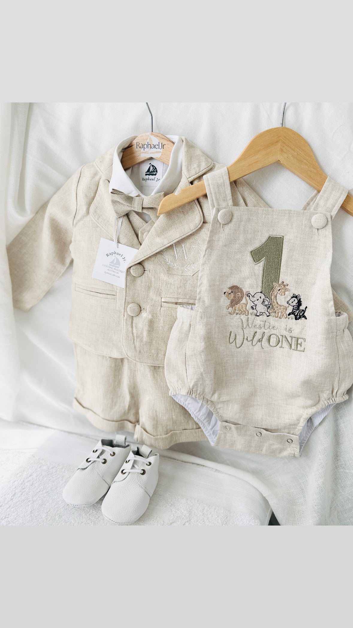 Beige Linen Shorts Shirt Suspenders and Vest set with Optional Cap Jacket and Embroidery