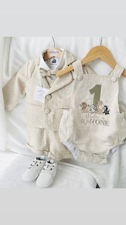 Beige Linen Shorts Shirt Suspenders and Vest set with Optional Cap Jacket and Embroidery
