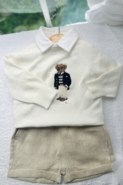 Polo Bear first birthday set with linen shirt, shorts and bear jumper