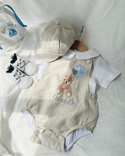 Beige and white linen Birthday teddy bear romper and blouse set