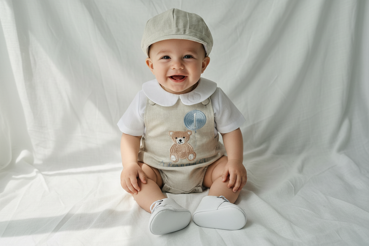 Beige and white linen Birthday and Baptism romper and blouse set